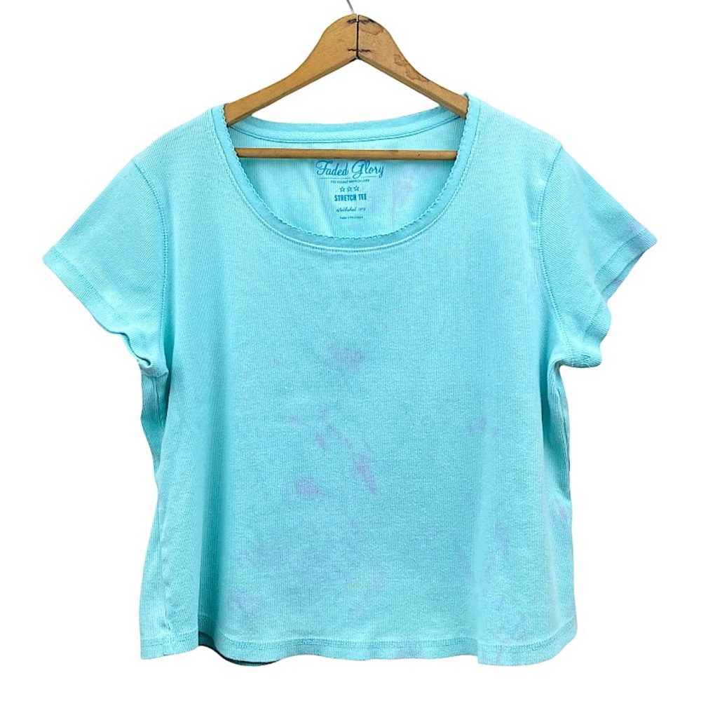 Vintage Boxy Fit Cropped Ribbed Stretch Tee Moonlit Sea Light Tie Dye Effect XL